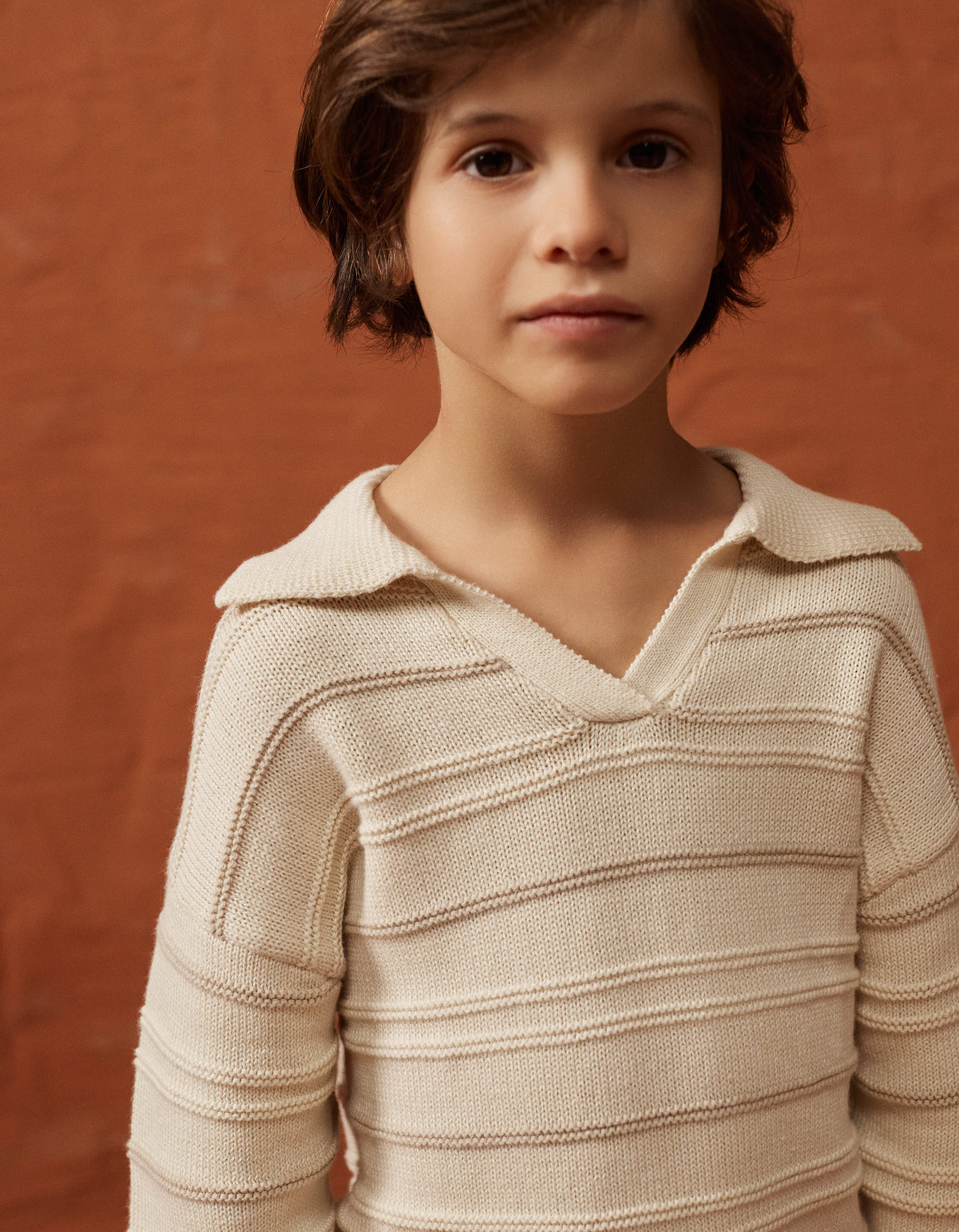 Pull en maille de coton à col polo pour garçon, beige clair