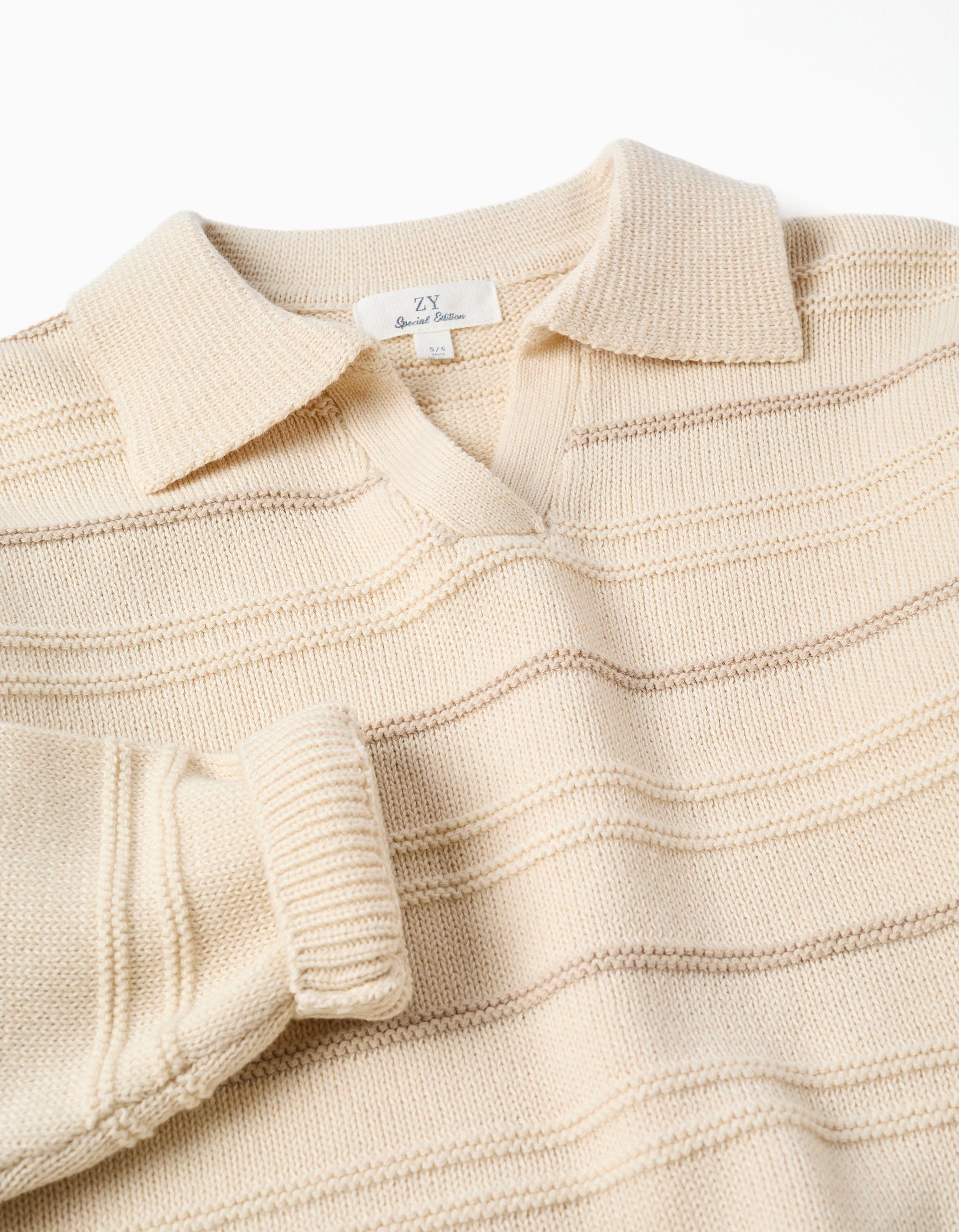 Pull en maille de coton à col polo pour garçon, beige clair