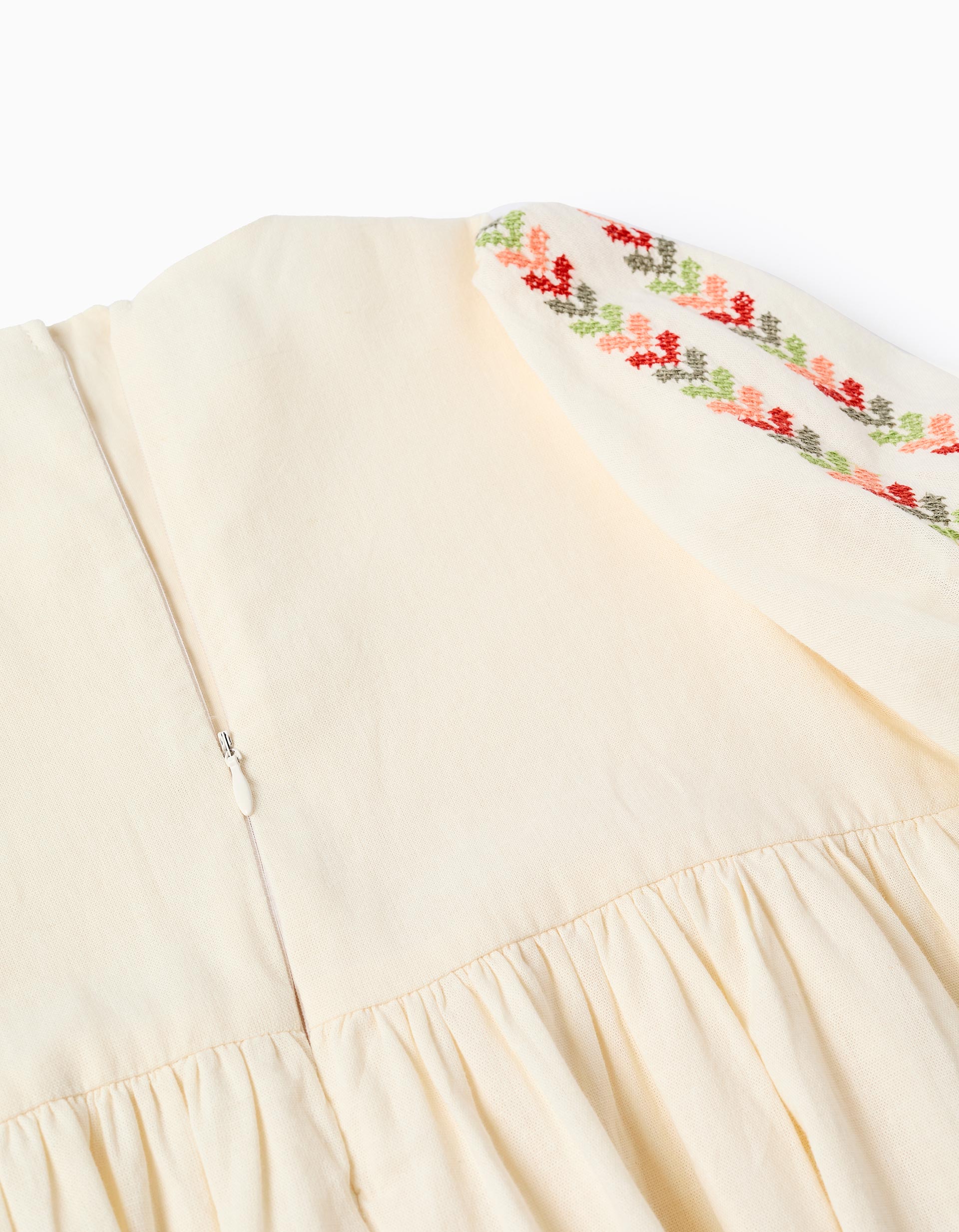 Dress with balloon sleeves and embroidery for girls, light beige