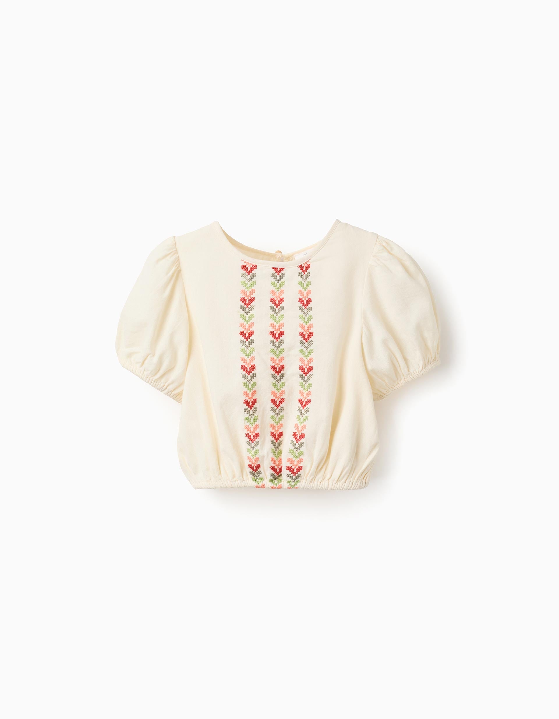 Blusa de linho com mangas balão e bordado para menina, bege-claro