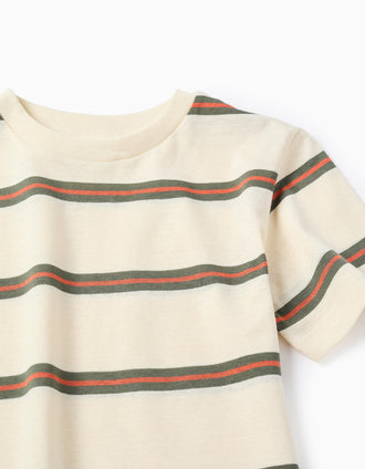 T-shirt de algodão às riscas para menino, bege/laranja/verde