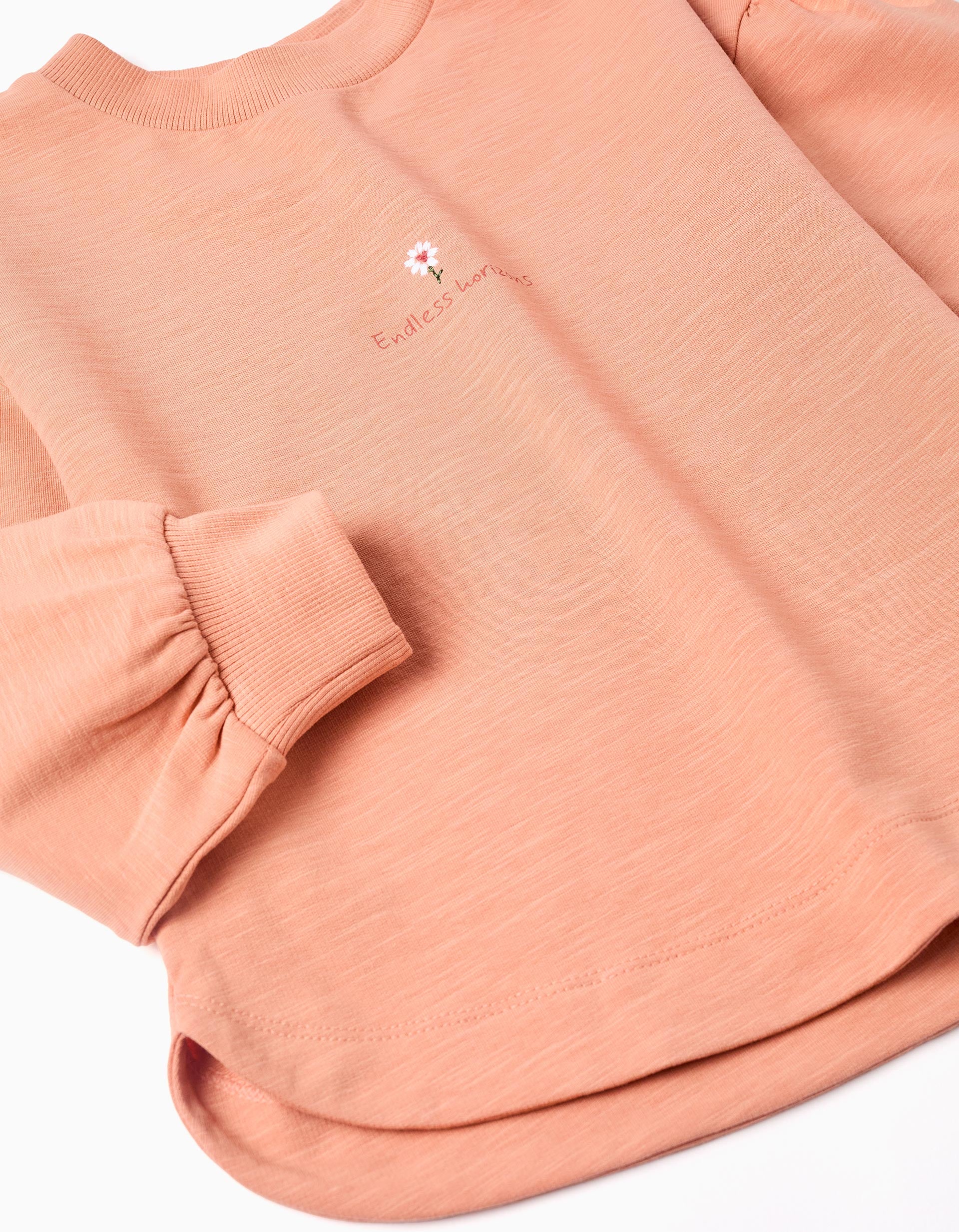 Sweat en coton avec fleur brodée pour fille, orange saumon