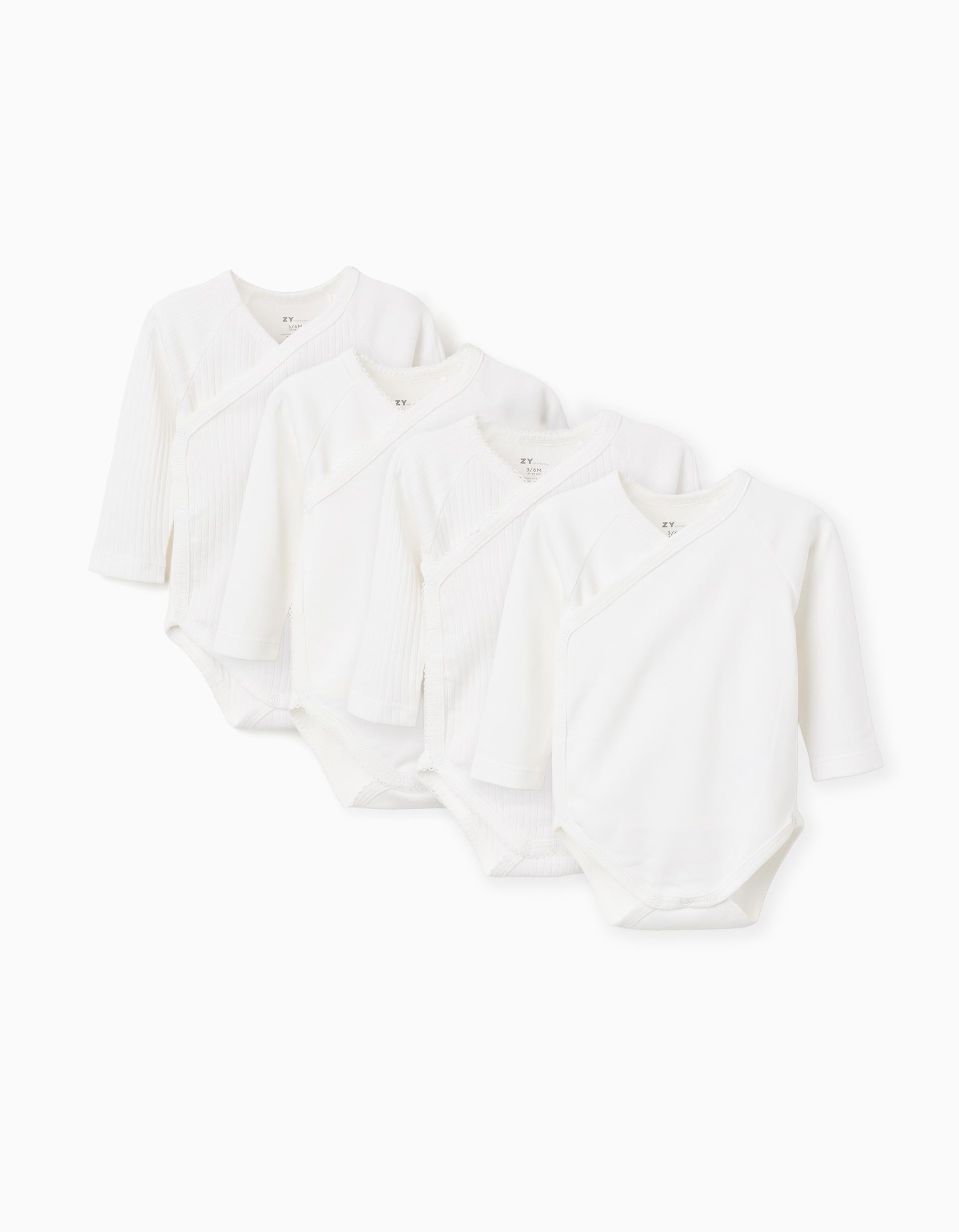 Lot de 4 bodies en coton croisés unis/côtelés pour nouveau-né, blanc