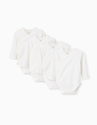 Pack de 4 bodies em trespasse lisos/canelados para recém-nascidos, branco