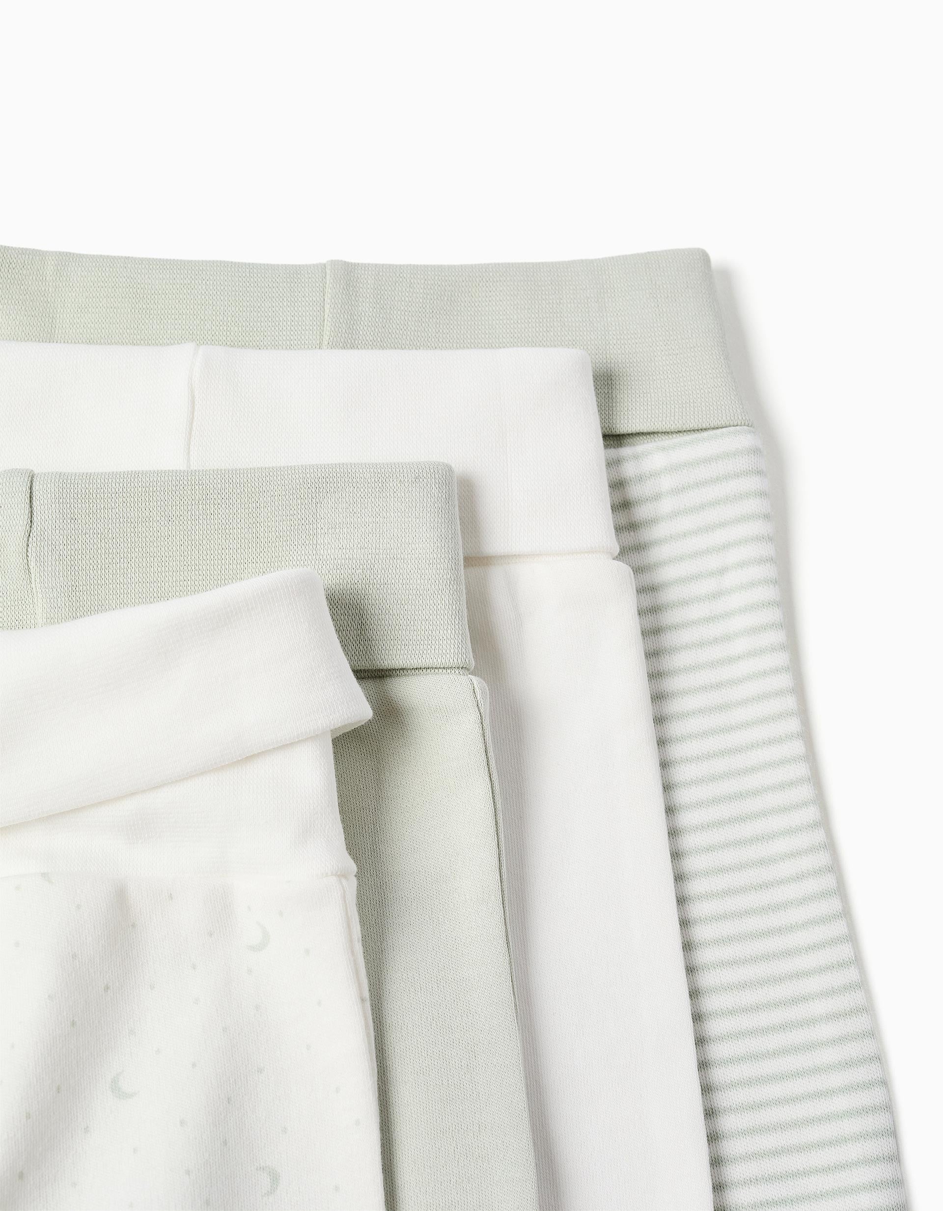 Lot de 4 pantalons de taille haute en coton pour nouveau-né, blanc/vert
