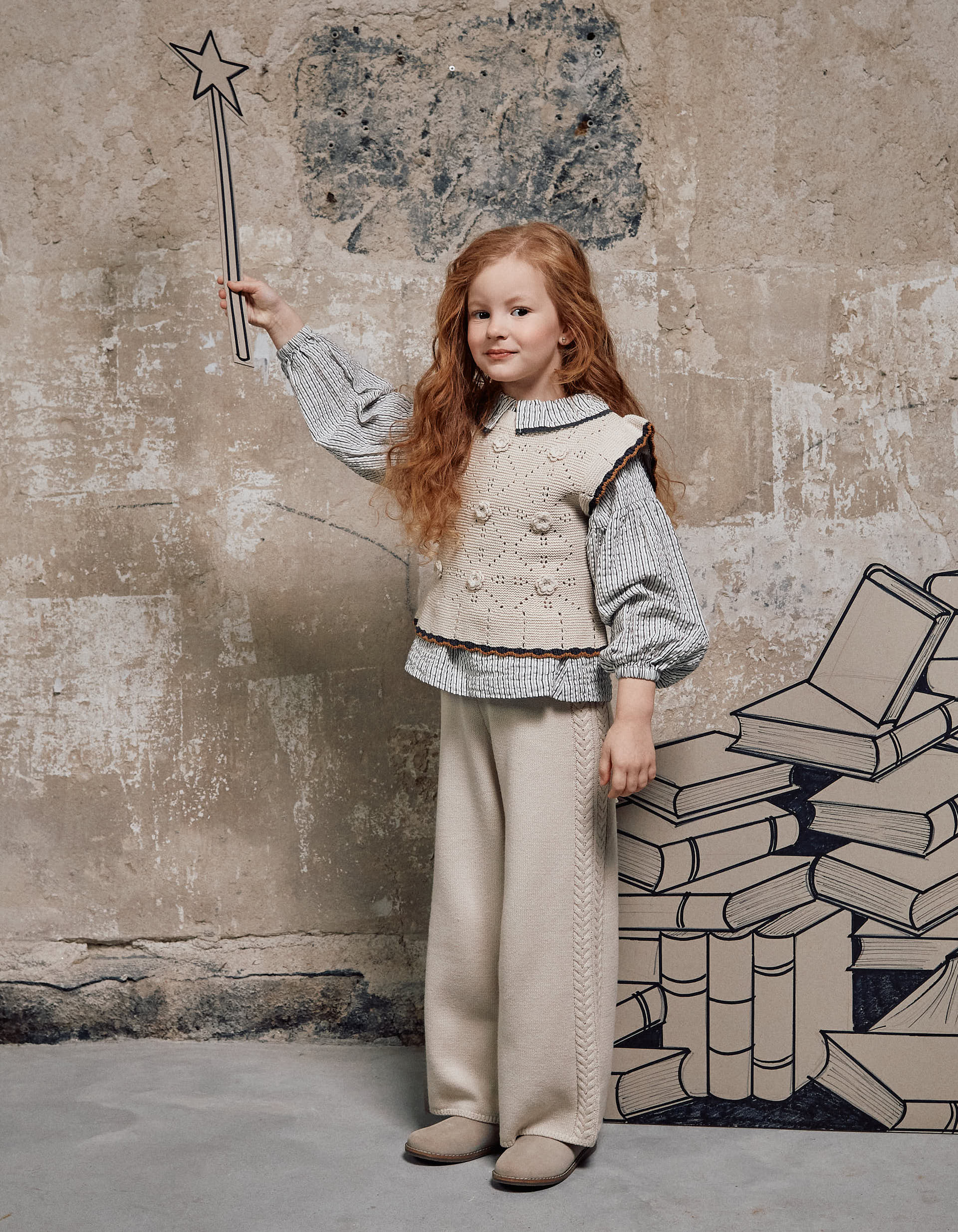 Calças de malha wide leg B&S para menina, bege-claro