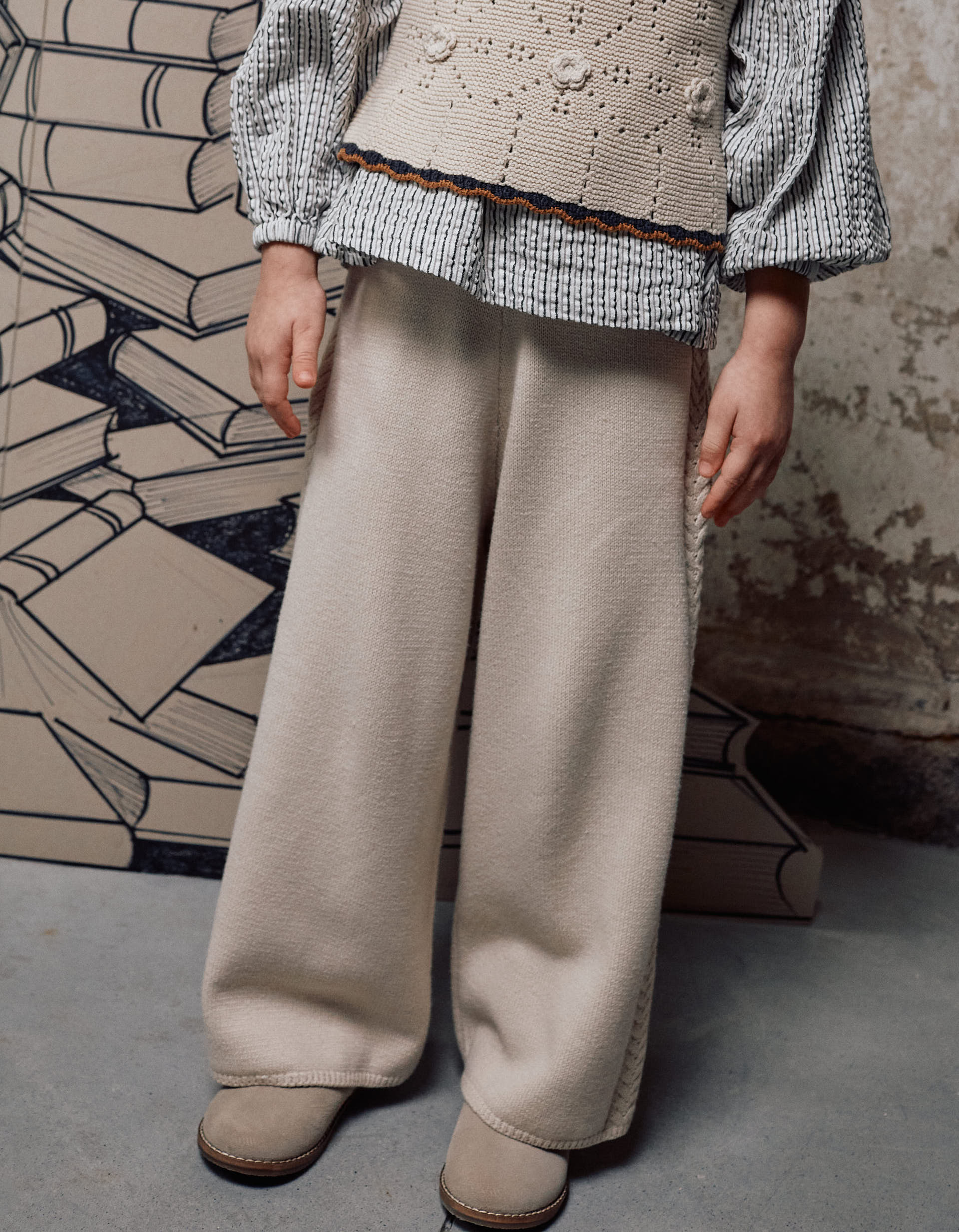 Calças de malha wide leg B&S para menina, bege-claro