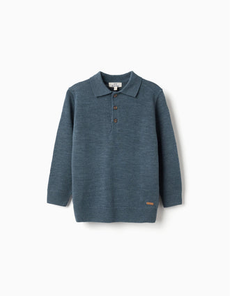 Camisola de malha com gola polo para menino, azul-escuro