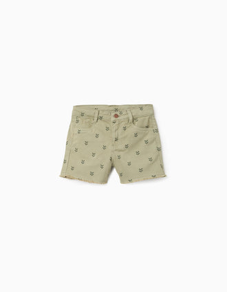 Twill shorts with floral motif and frayed hems for girls, dark green