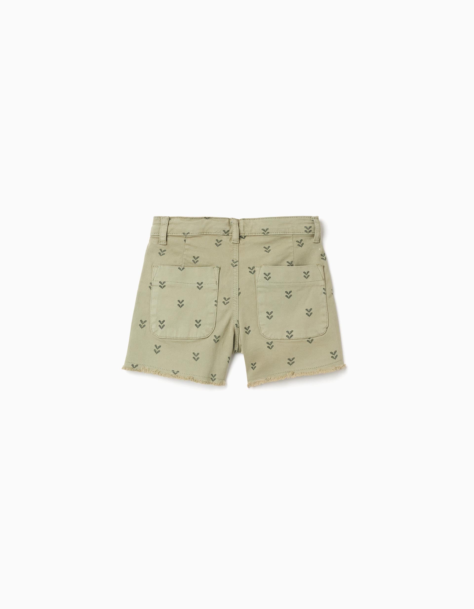 Pantalón corto de sarga con motivo floral para niña, verde oscuro