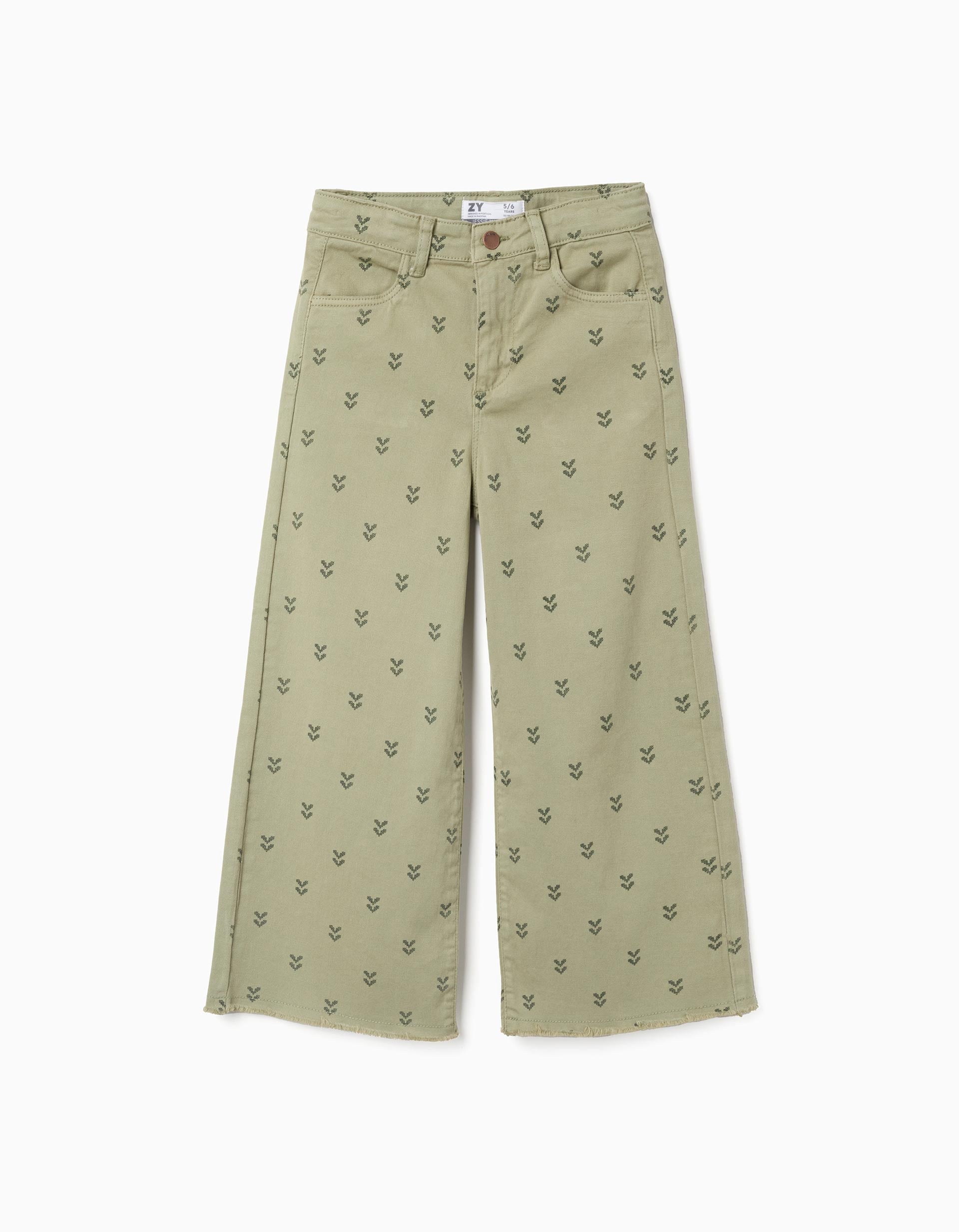 Wide leg twill trousers with floral motif for girls, dark green