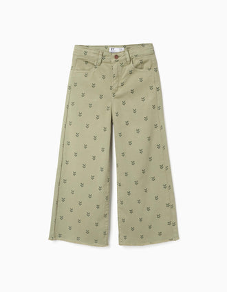 Calças de sarja wide leg com motivo floral para menina, verde-escuro