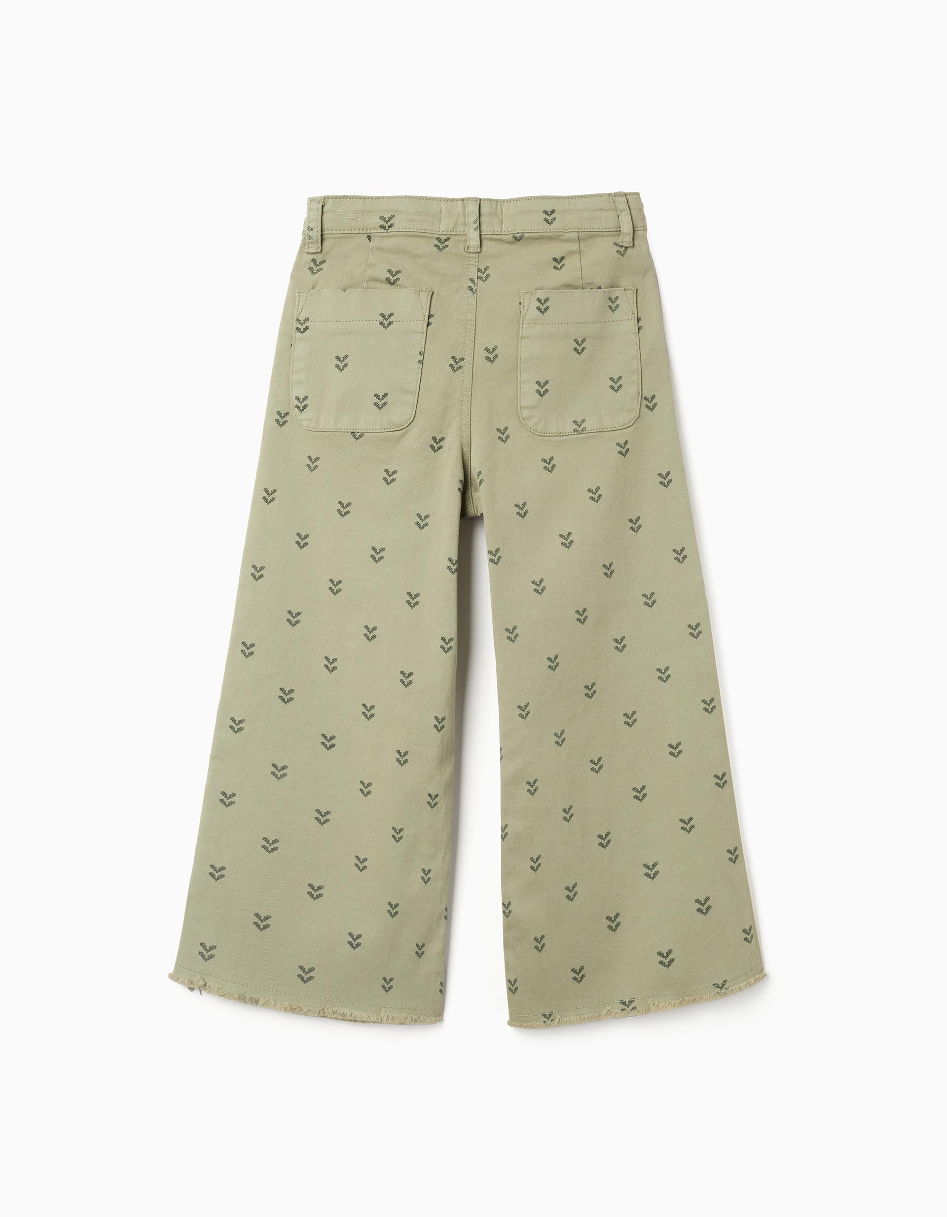 Wide leg twill trousers with floral motif for girls, dark green