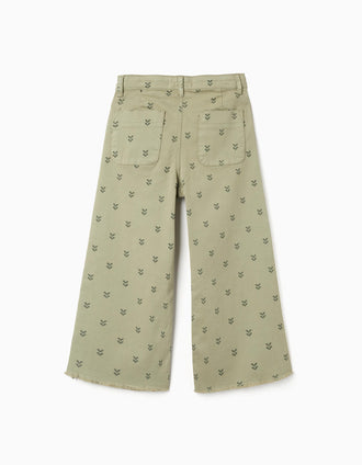 Calças de sarja wide leg com motivo floral para menina, verde-escuro