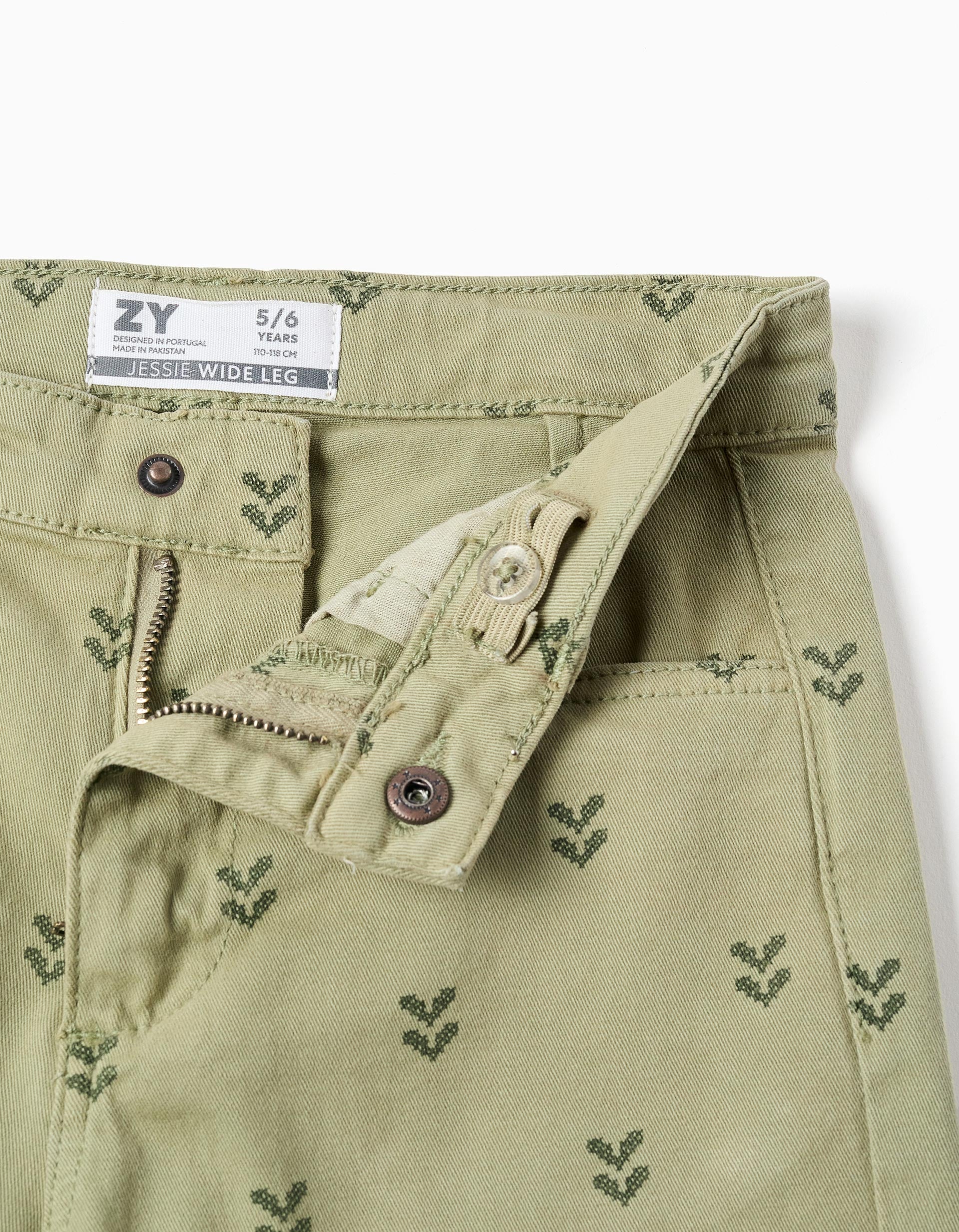 Wide leg twill trousers with floral motif for girls, dark green