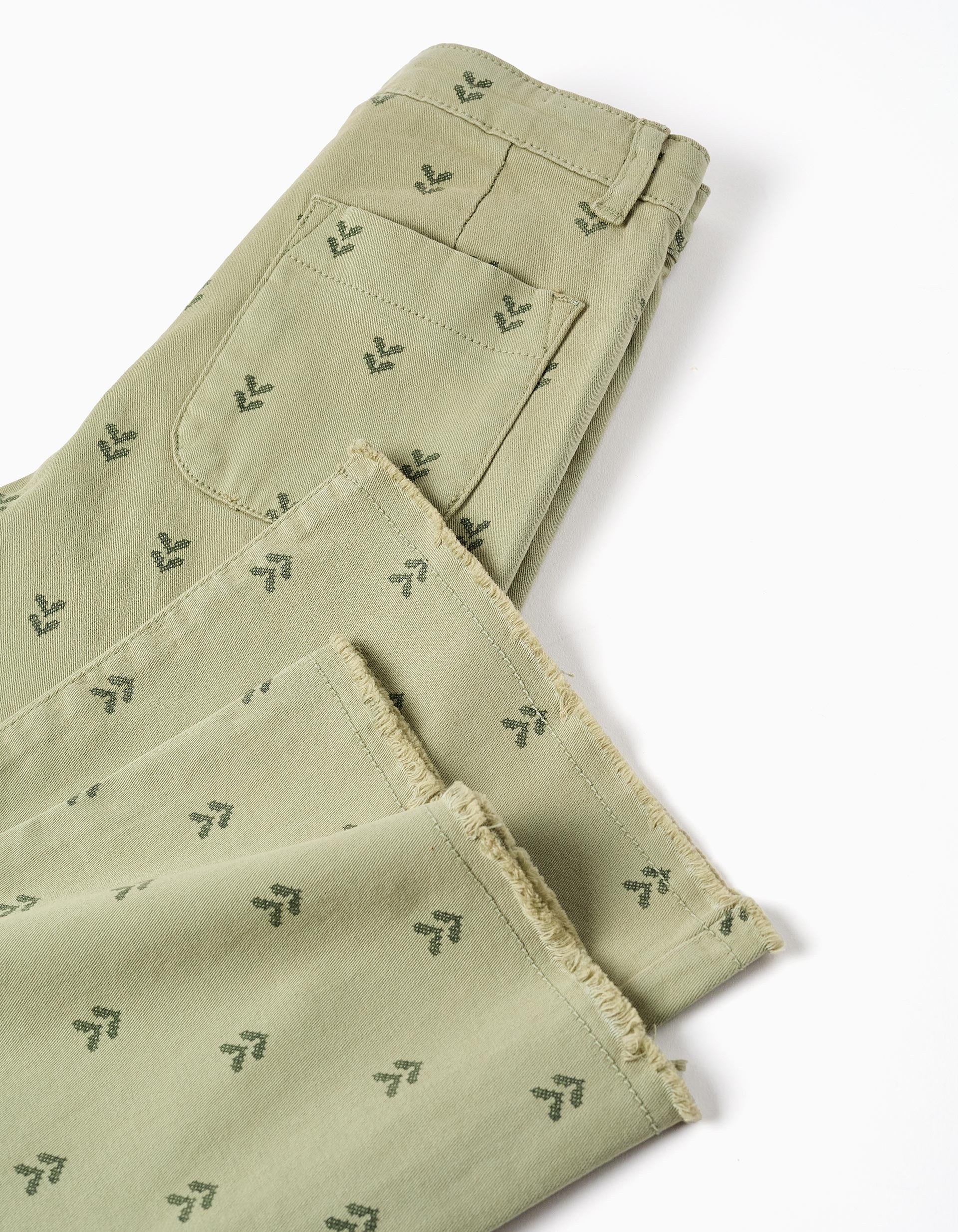 Wide leg twill trousers with floral motif for girls, dark green
