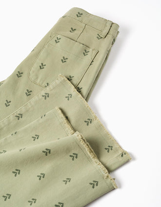 Calças de sarja wide leg com motivo floral para menina, verde-escuro