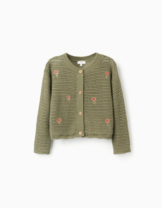 Casaco de malha com flores bordadas para menina, verde-escuro