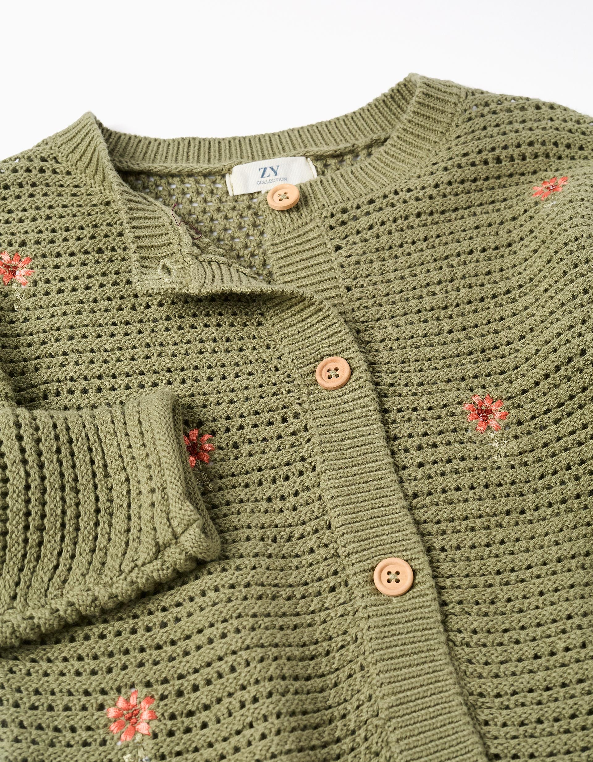 Casaco de malha com flores bordadas para menina, verde-escuro