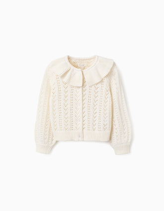 Cardigan en coton ajouré avec volants pour fille, blanc