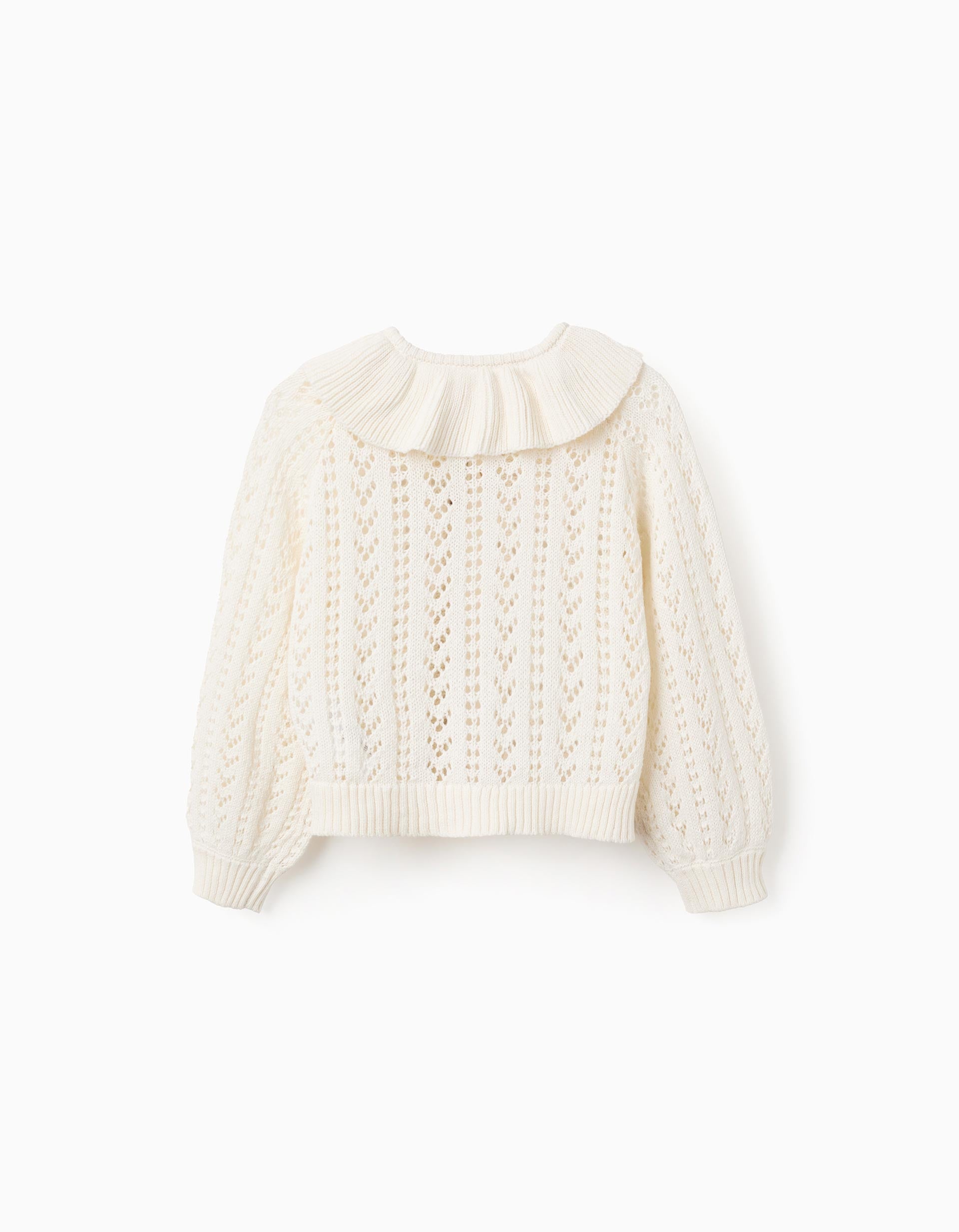 Cardigan en coton ajouré avec volants pour fille, blanc