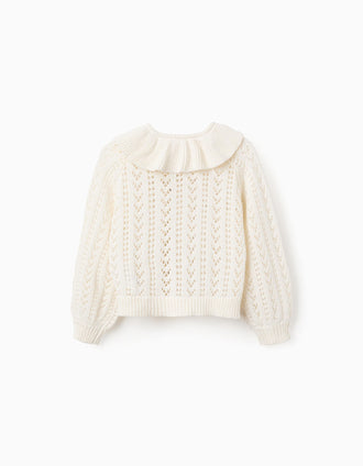 Cardigan en coton ajouré avec volants pour fille, blanc
