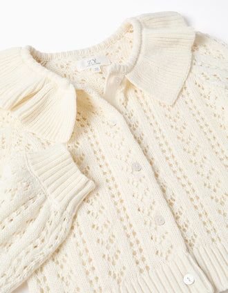 Cardigan en coton ajouré avec volants pour fille, blanc
