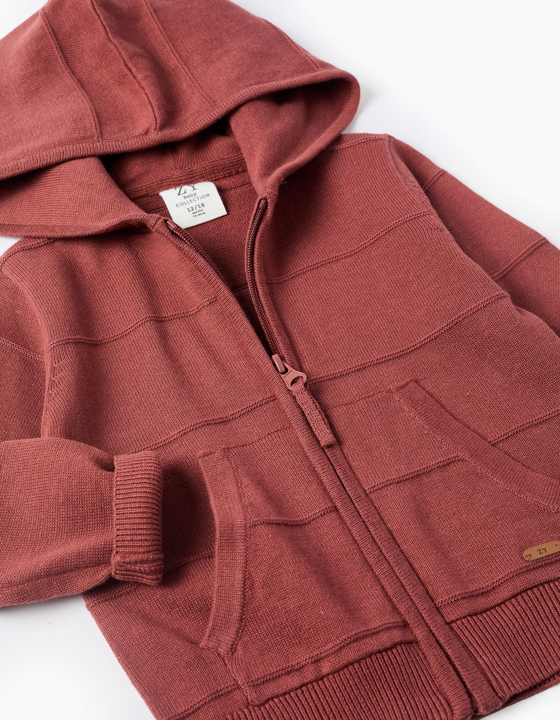 Casaco de malha com capuz e linhas em relevo para bebé menino, castanho