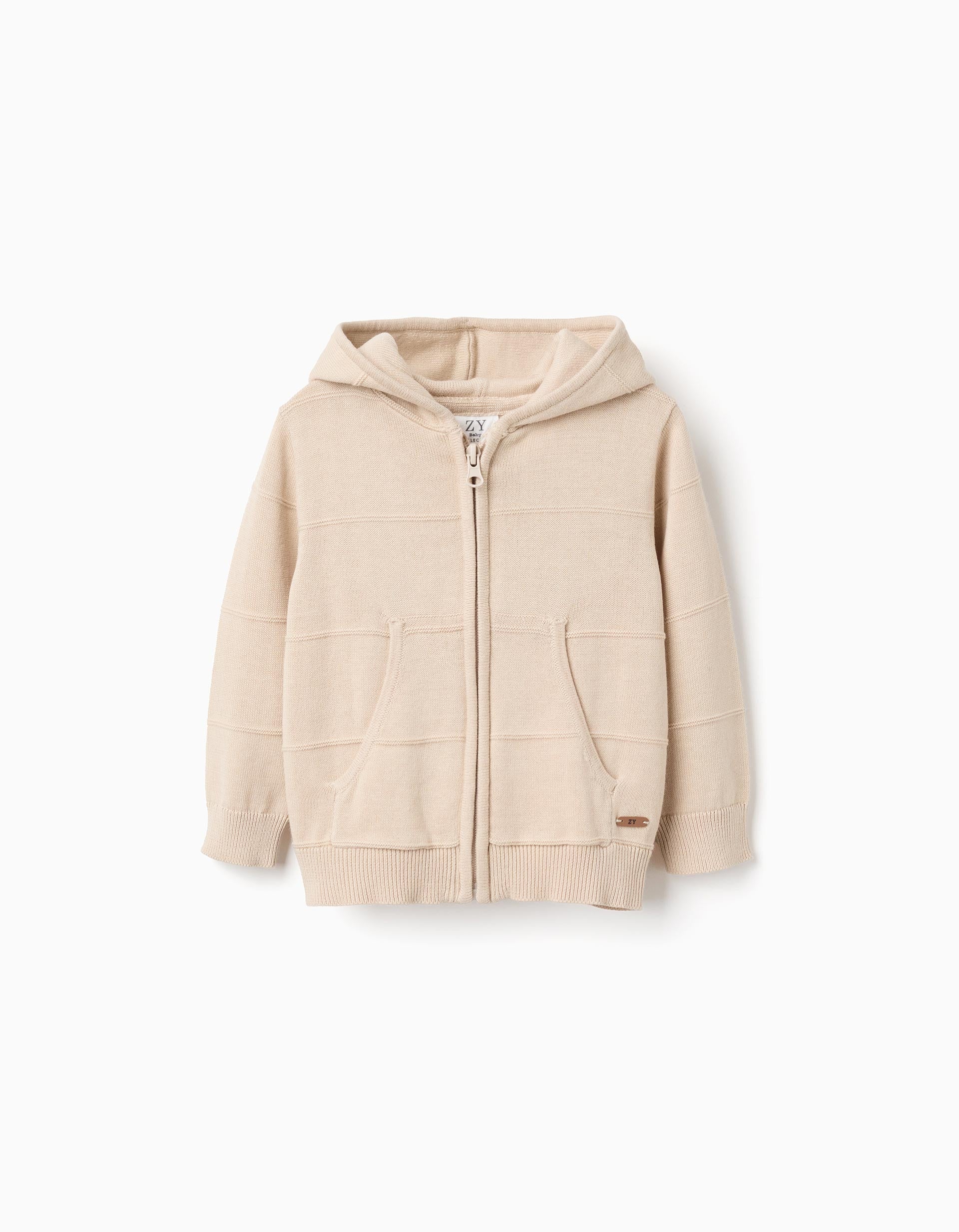 Casaco de malha com capuz e linhas em relevo para bebé menino, bege