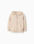 Knitted hooded jacket with embossed lines for baby boys, light beige
