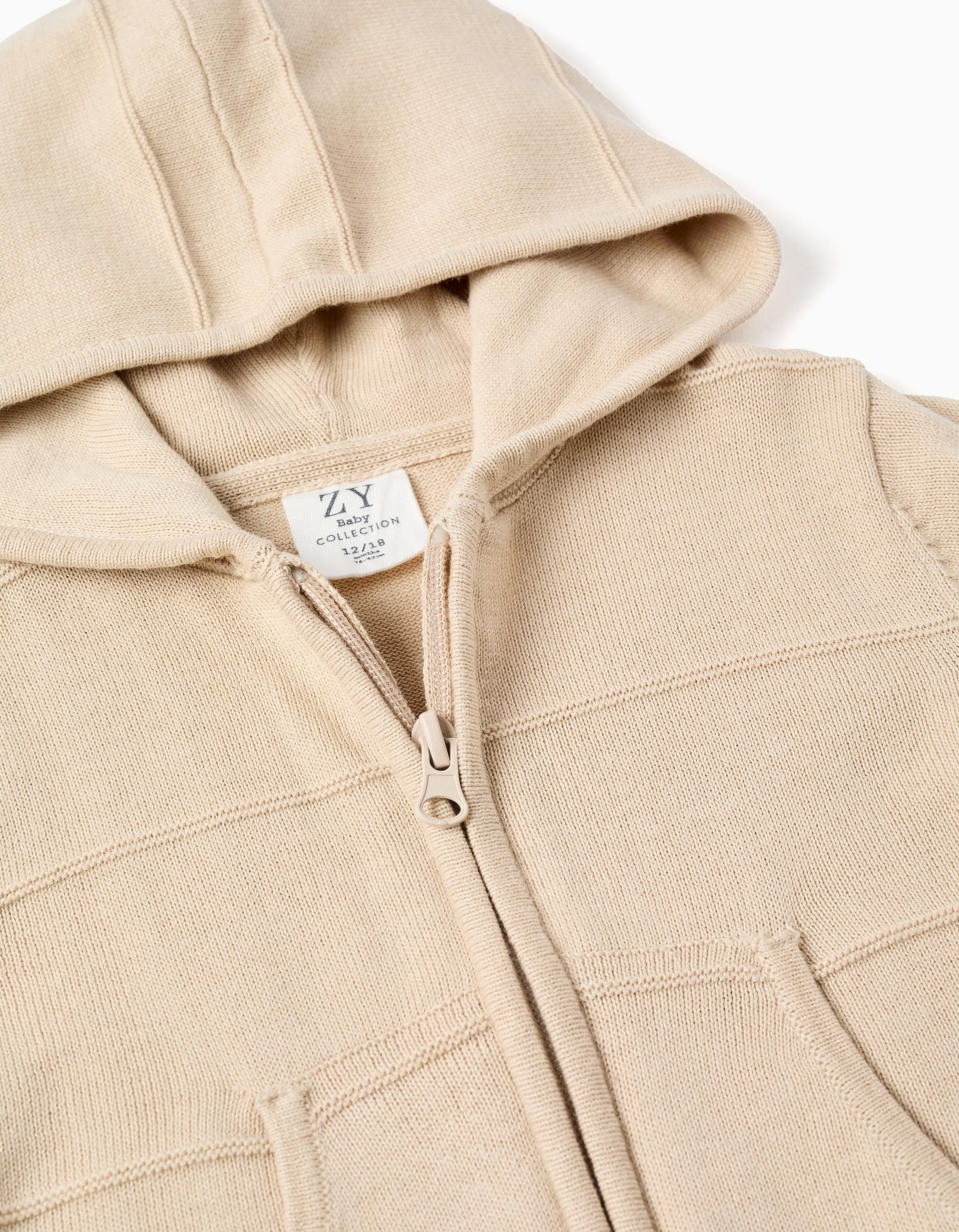 Casaco de malha com capuz e linhas em relevo para bebé menino, bege