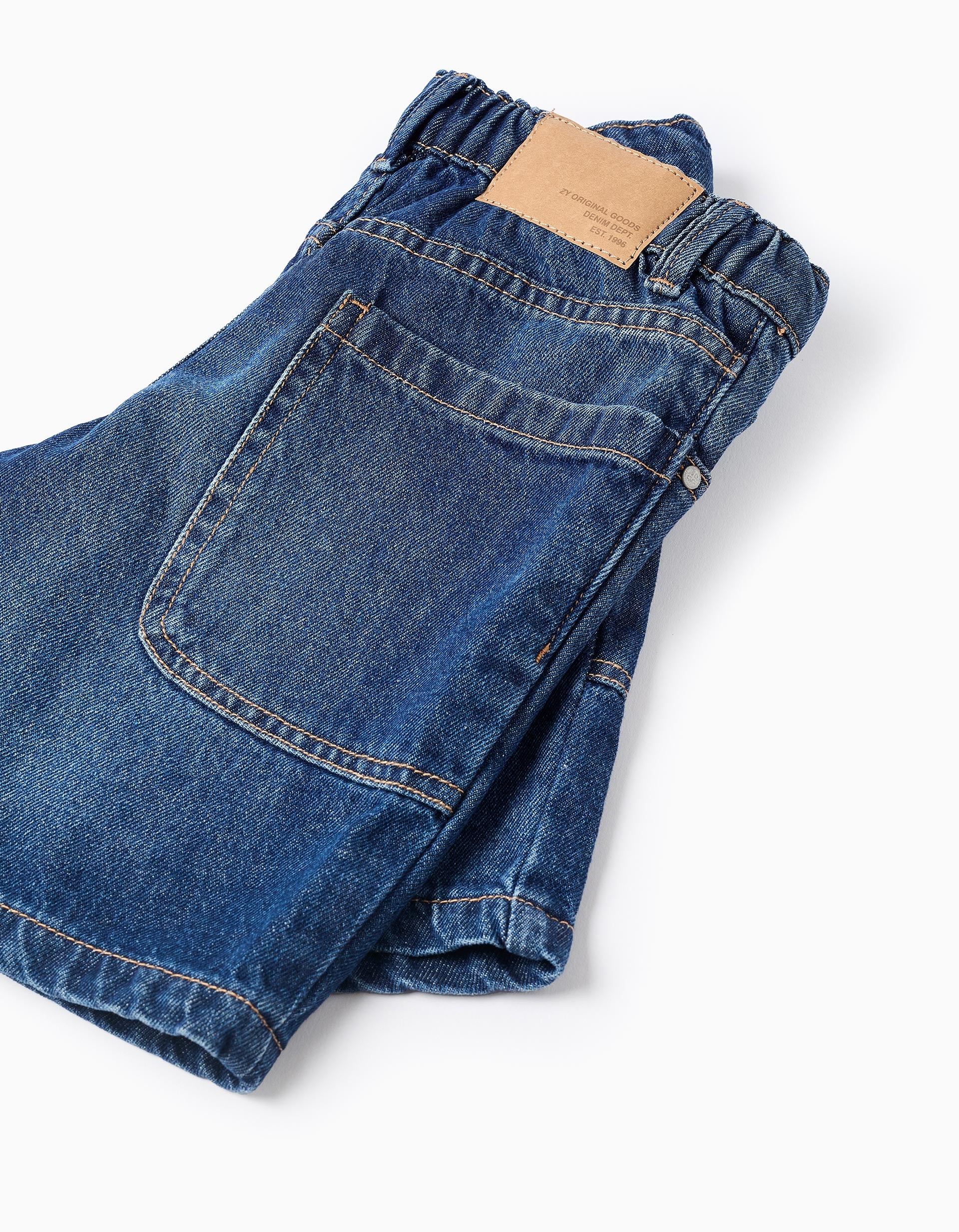 Cotton denim midi shorts with pockets for boys, dark blue