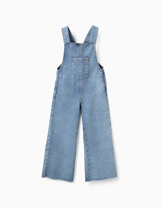 Jardineiras de ganga wide leg com bainha desfiada para menina, azul-claro