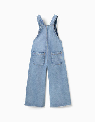 Jardineiras de ganga wide leg com bainha desfiada para menina, azul-claro