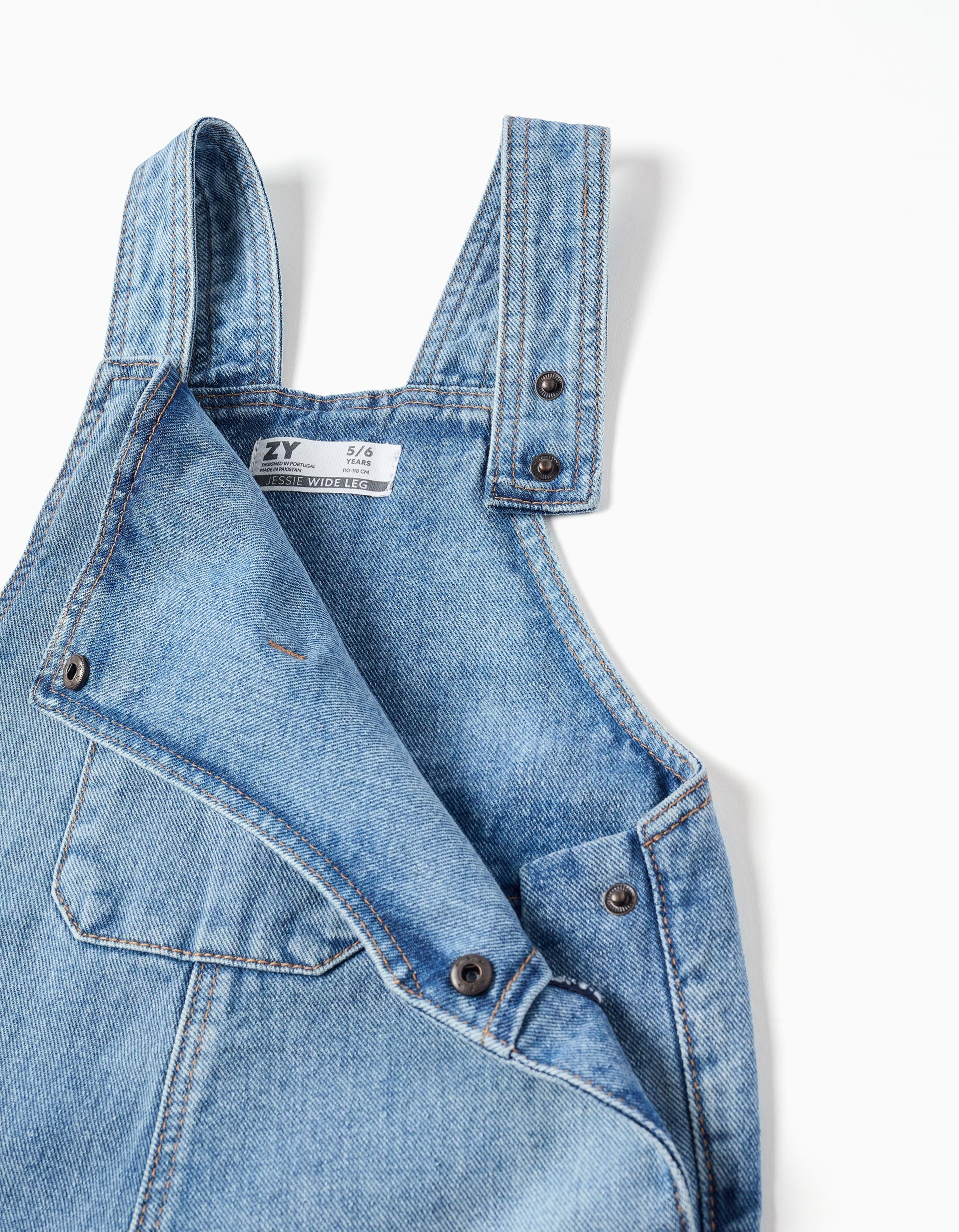 Wide leg denim dungarees with frayed hems for girls, light blue