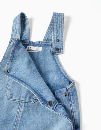 Jardineiras de ganga wide leg com bainha desfiada para menina, azul-claro