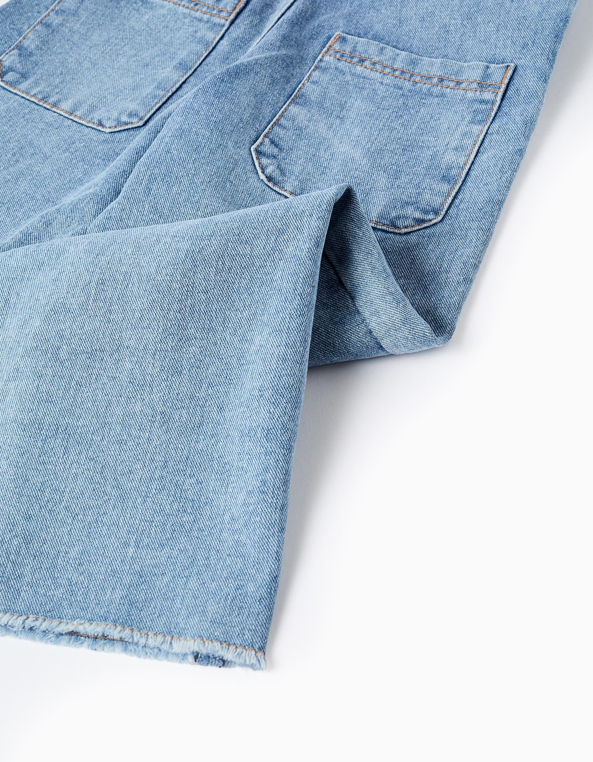 Wide leg denim dungarees with frayed hems for girls, light blue