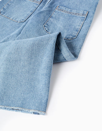 Jardineiras de ganga wide leg com bainha desfiada para menina, azul-claro