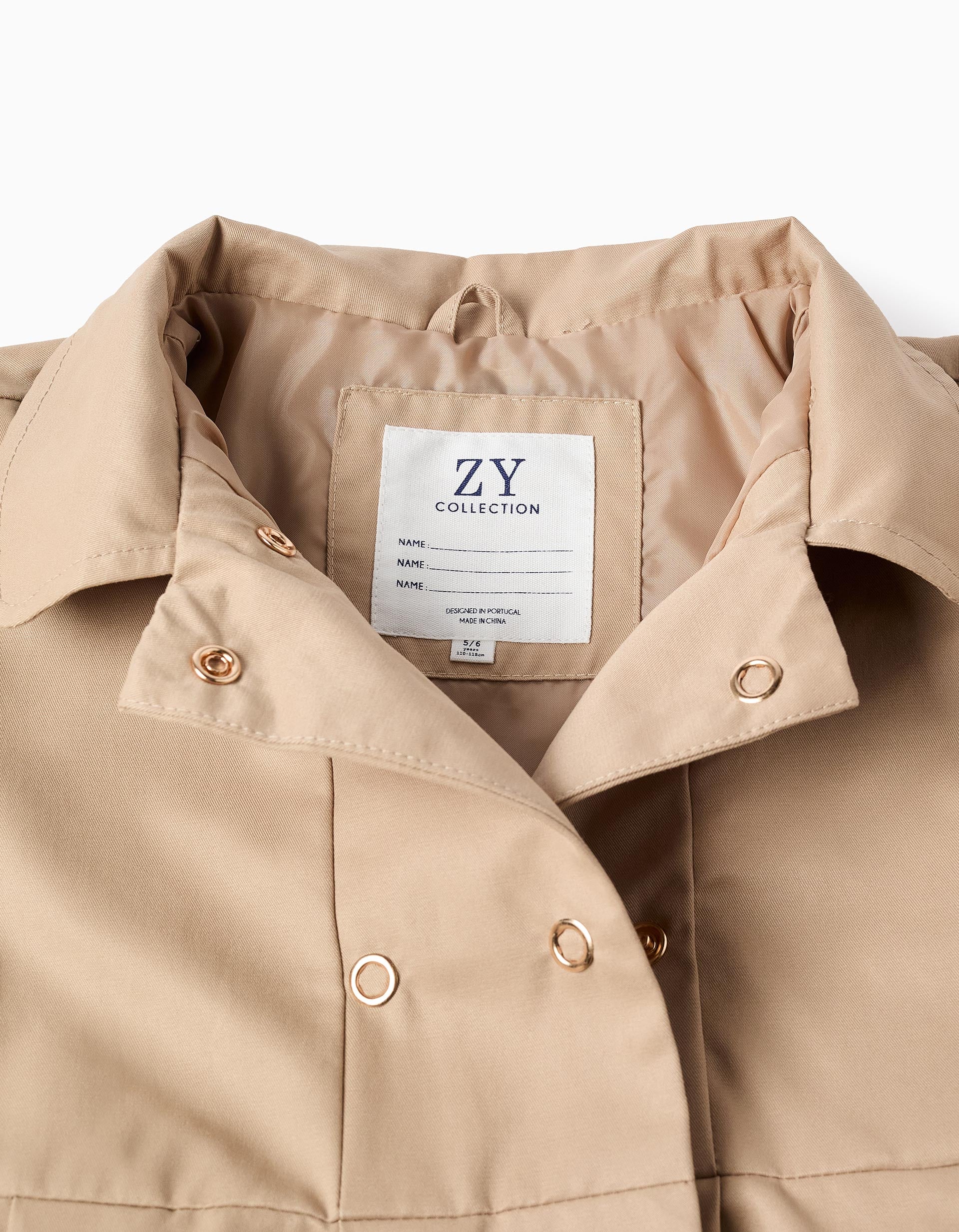 Parka com pregas e capuz amovível para menina, bege