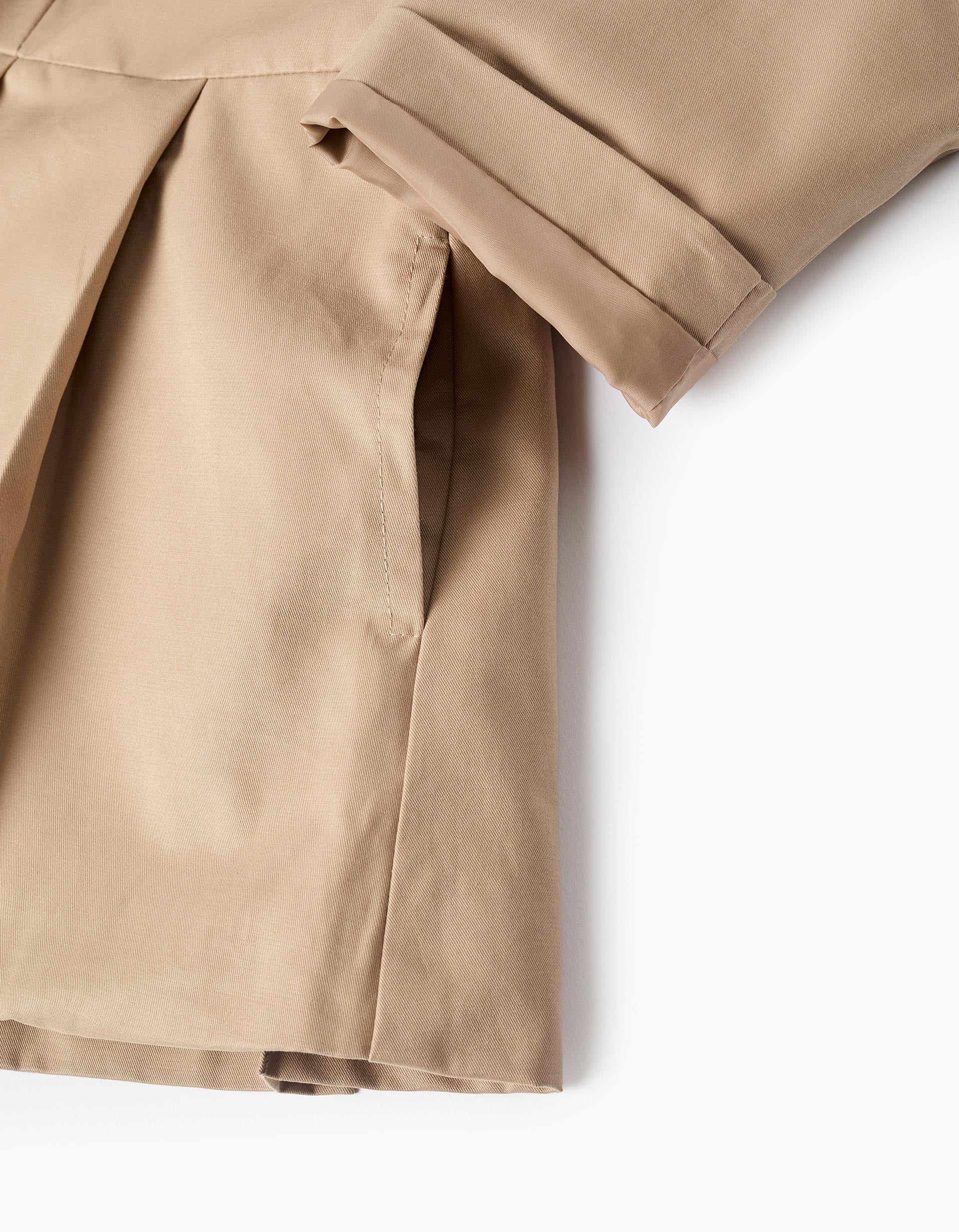 Parka com pregas e capuz amovível para menina, bege