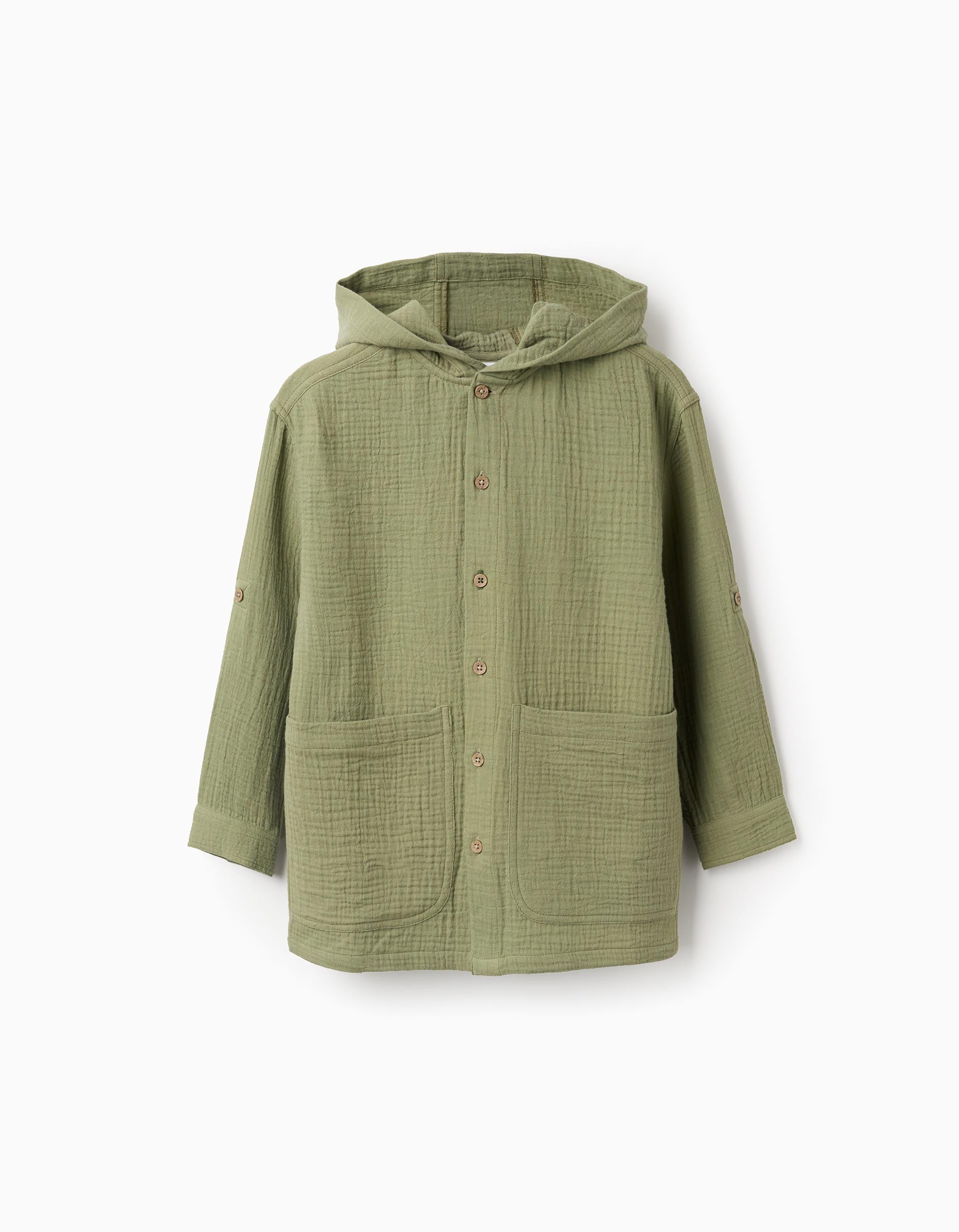 Chemise en coton à manches longues et capuche pour garçon, vert kaki