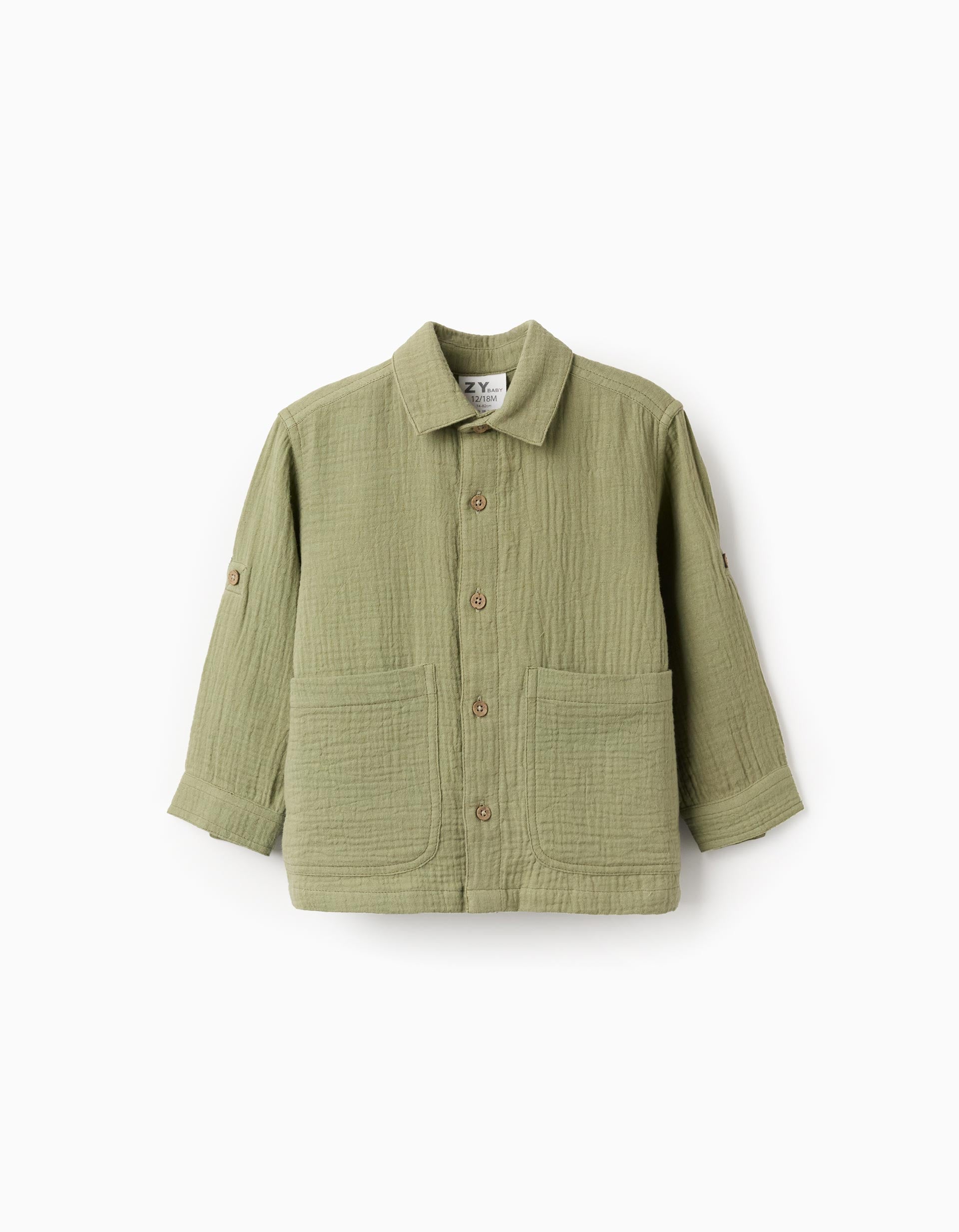 Chemise en gaze de coton à manches longues pour bébé garçon, vert foncé