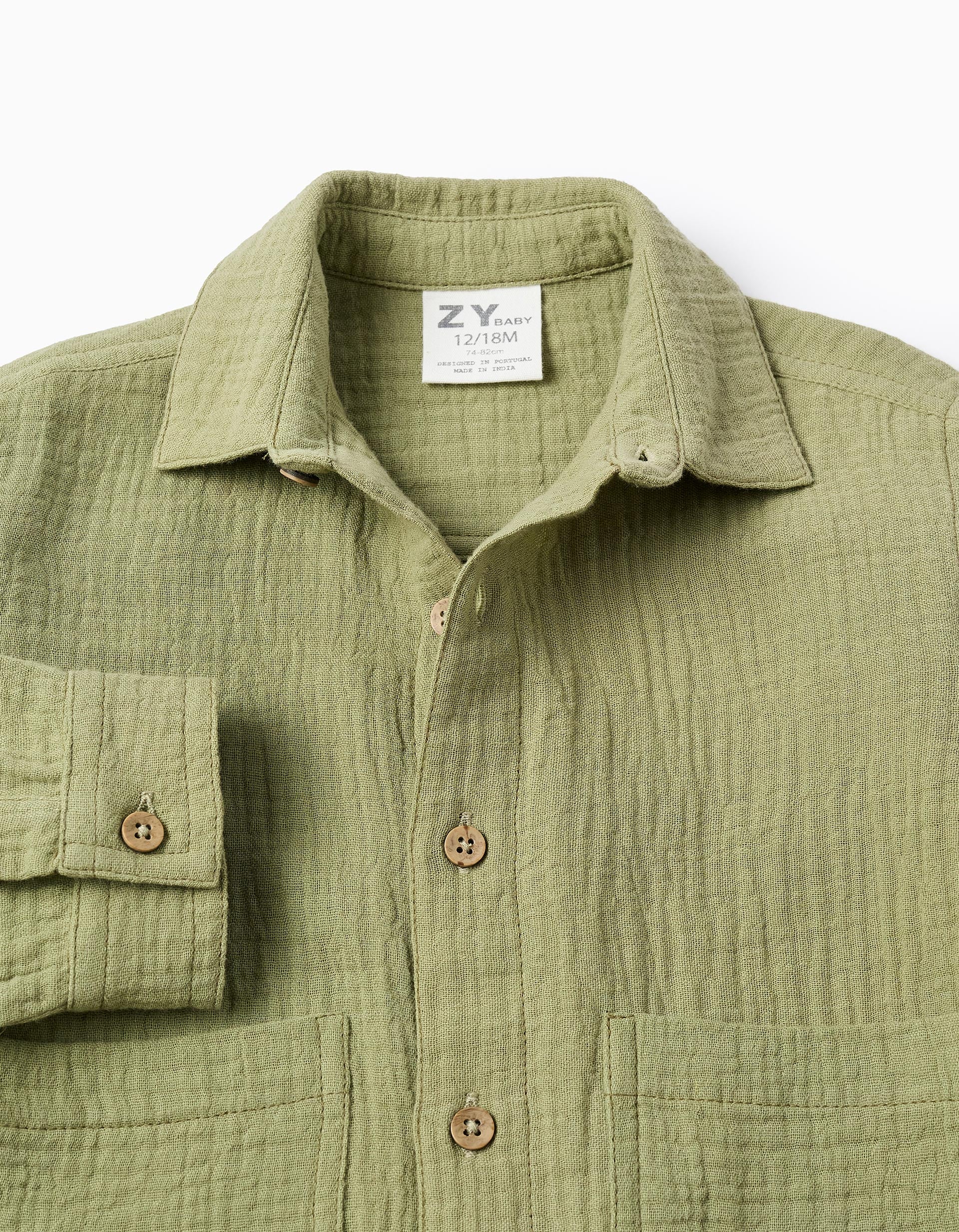 Chemise en gaze de coton à manches longues pour bébé garçon, vert foncé