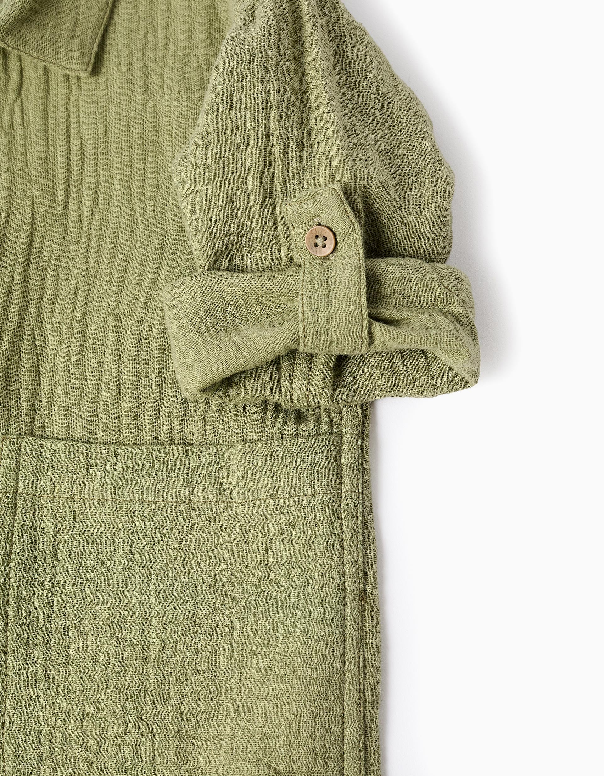 Chemise en gaze de coton à manches longues pour bébé garçon, vert foncé