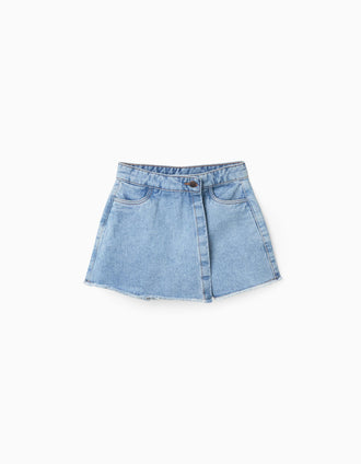 Falda-pantalón vaquera con dobladillo deshilachado para niña, azul claro