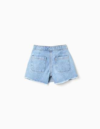 Falda-pantalón vaquera con dobladillo deshilachado para niña, azul claro