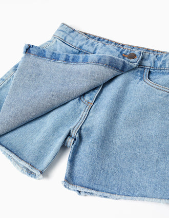 Falda-pantalón vaquera con dobladillo deshilachado para niña, azul claro