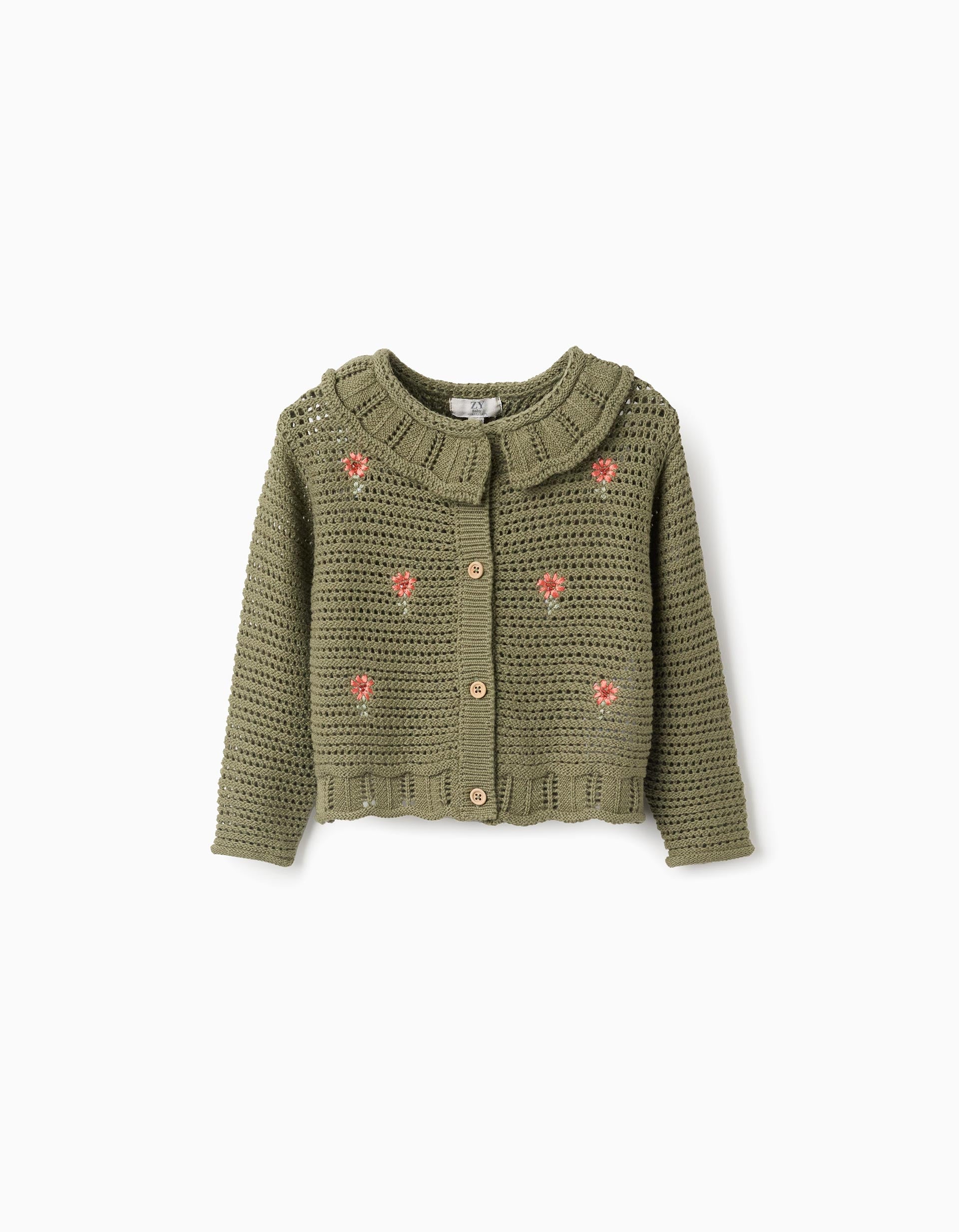 Casaco de malha com flores bordadas para bebé menina, verde-escuro