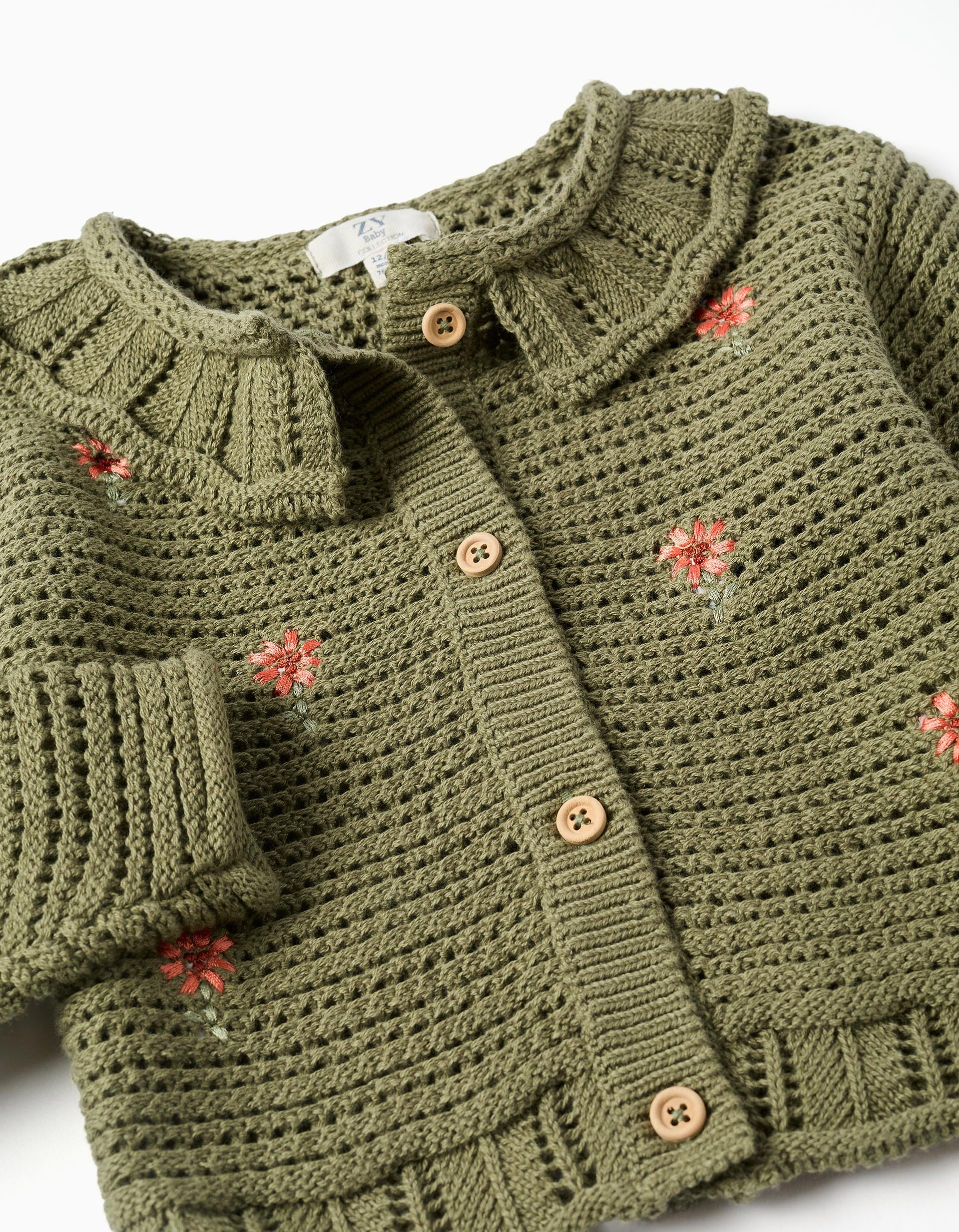 Casaco de malha com flores bordadas para bebé menina, verde-escuro