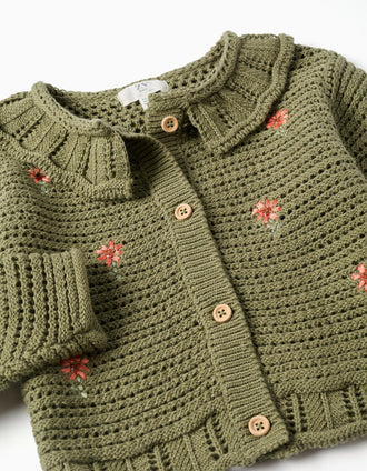 Casaco de malha com flores bordadas para bebé menina, verde-escuro